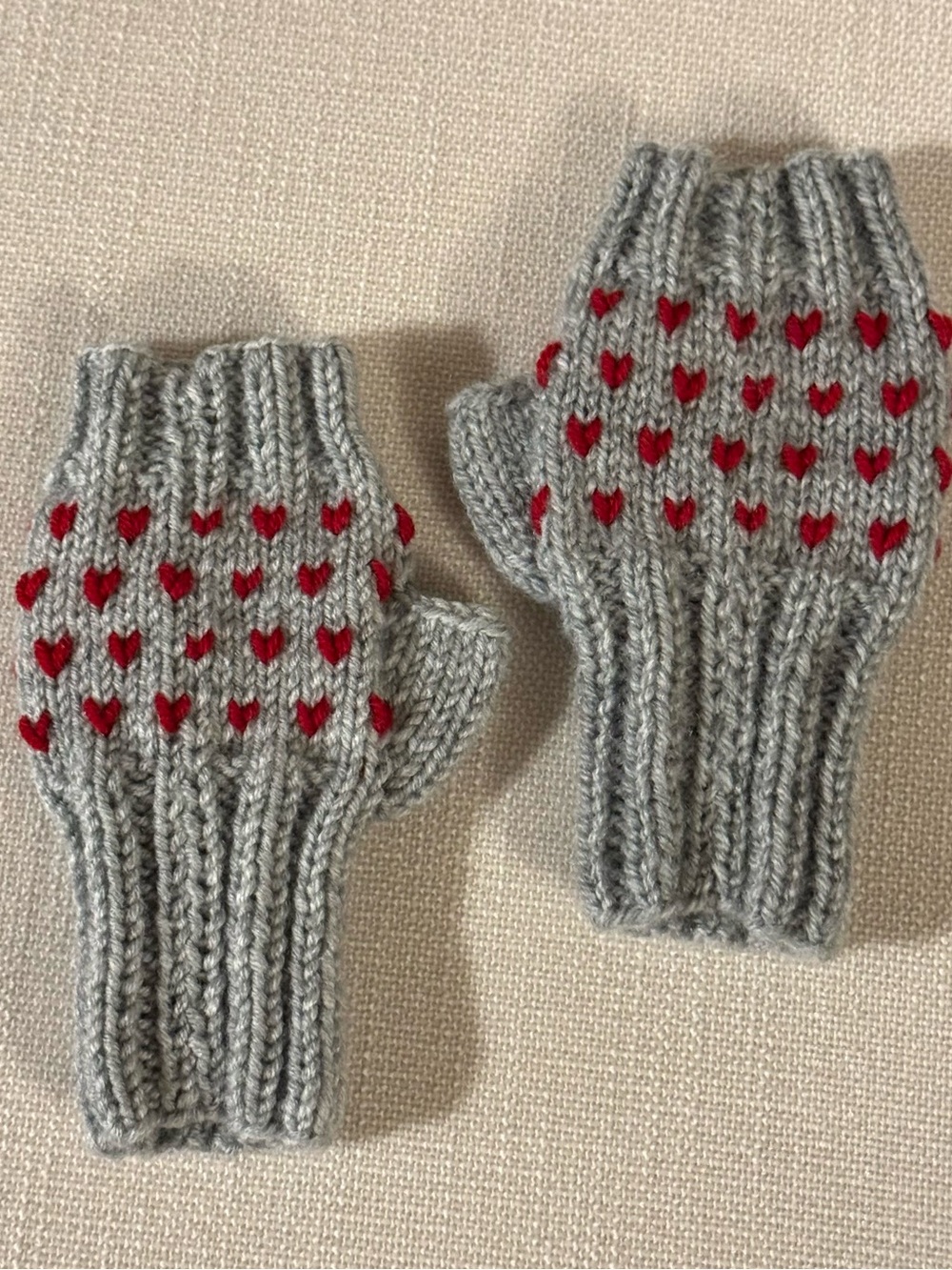 Gray Knit Fingerless Gloves with Red Heart